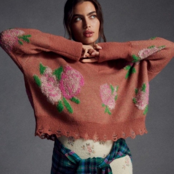 Anthropologie Orange Pink Rose Distressed Slouchy Drop Shoulder V-Neck Sweater - Picture 1 of 12